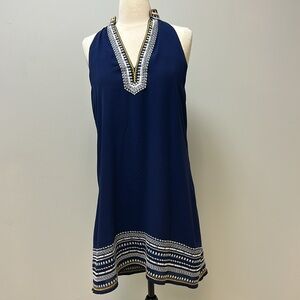 THML Dress, Navy Blue with white & gold embroidered accents, Size M